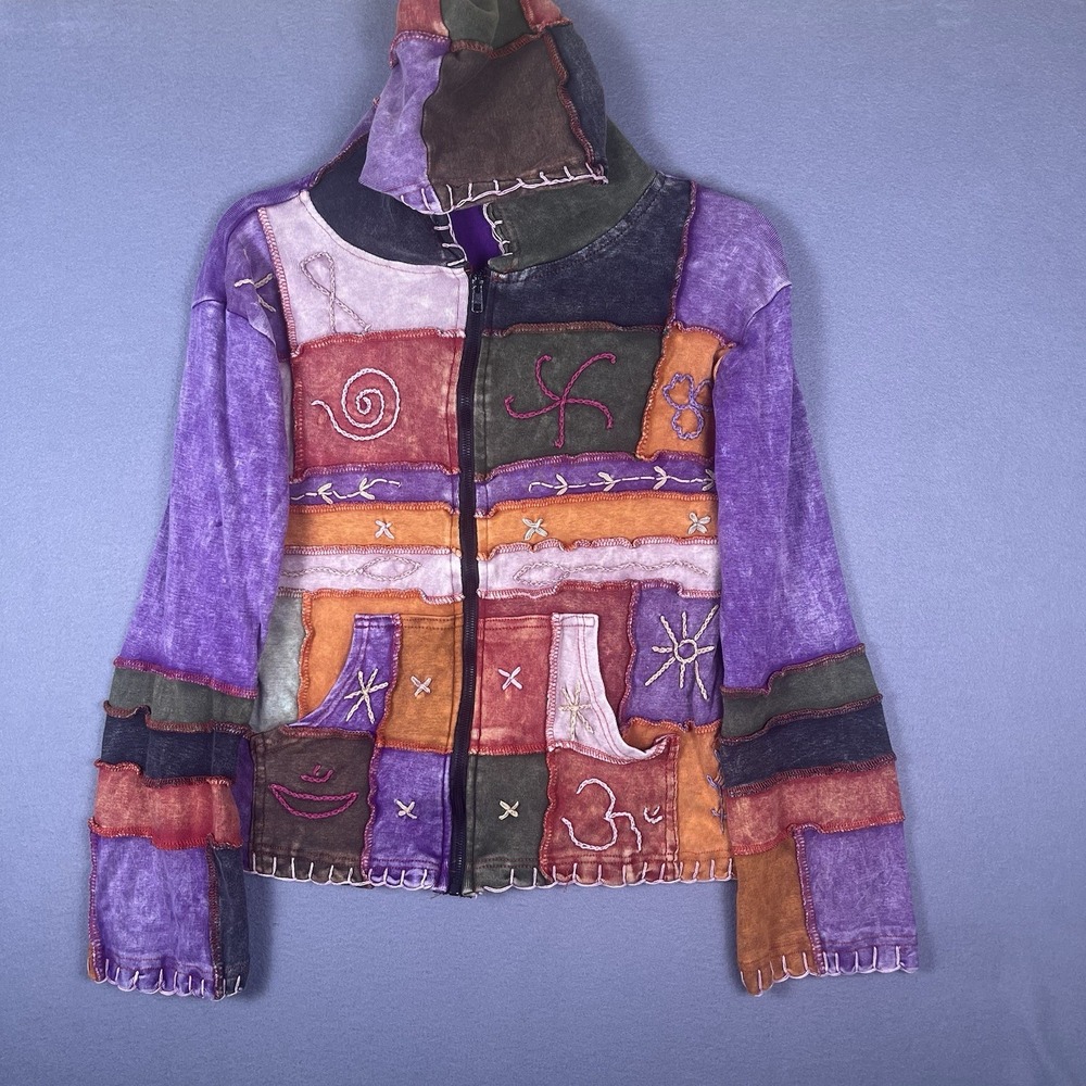 Rising International Patched Embroidered Ladies Small Boho Hooded Zip Sweatshirt